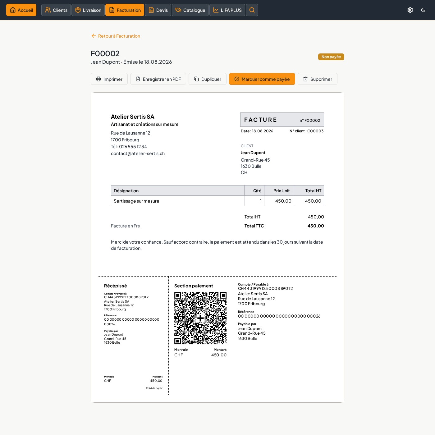Facture LIFA avec bulletin de paiement QR-suisse