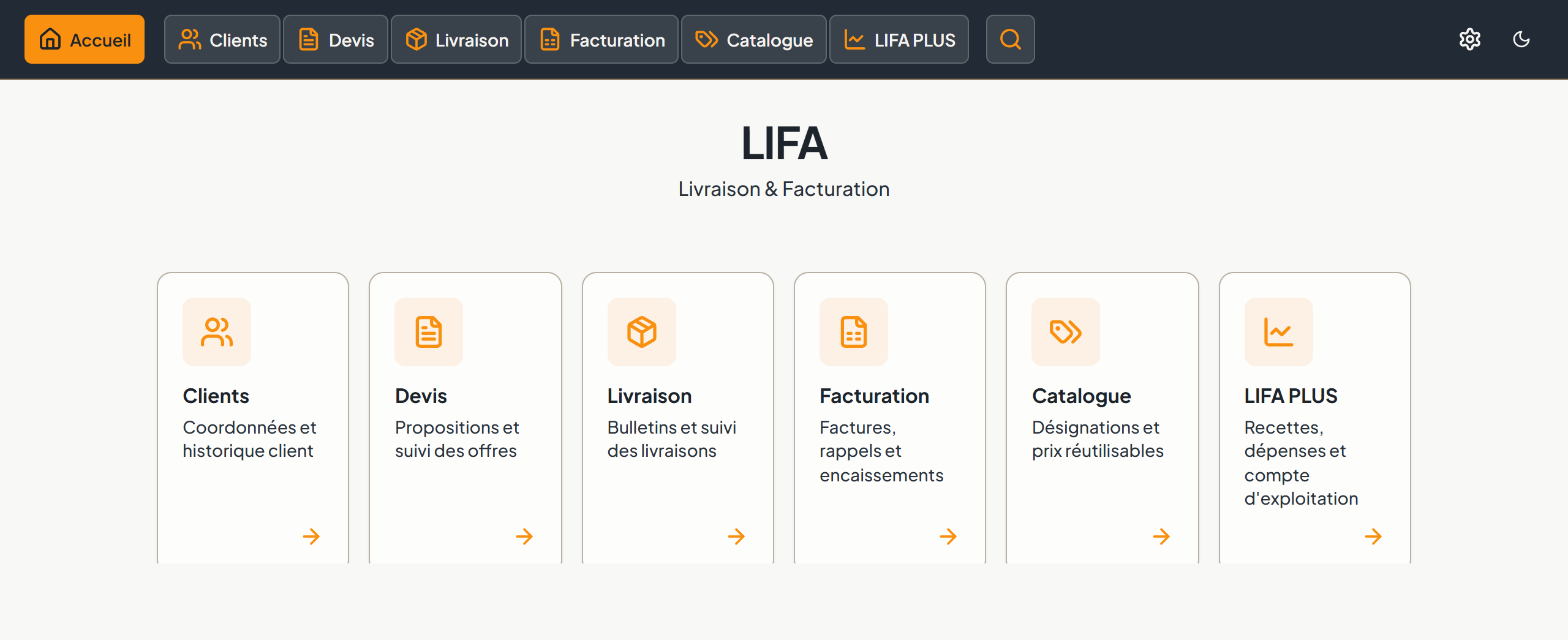 Écran d'accueil de LIFA avec les modules Livraison, Facturation, Clients, Devis et LIFA PLUS